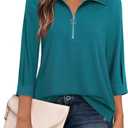 Vivilli Womens Tops Dressy Casual 3/4 Length Sleeve V Neck Shirts and Blouses Zipper Collar Women Polo Shirts (Green, L)
