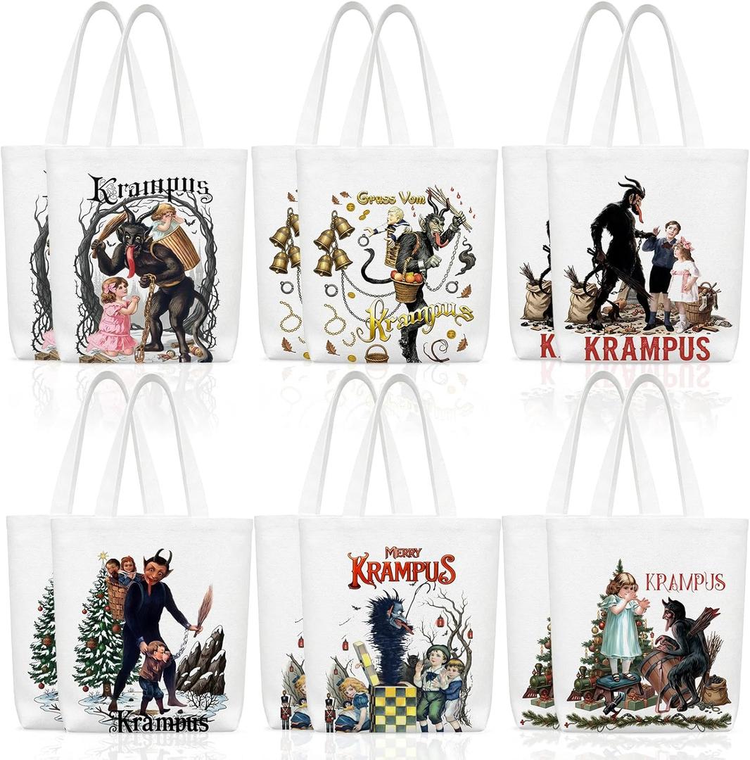 Sadnyy 12 Pack Christmas Canvas Tote Bags Xmas Reusable Gift Grocery Shopping Bag with Handle for Women Party Favor Supplies (Krampus Style)