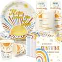 Hushee 200 Pcs Here Comes The Son Baby Shower Paper Plates Napkins Cups Baby Shower Party Supplies Boho Theme Sun Tableware Set Disposable Cup Napkin for 50 Guest Party Decoration (Yellow)