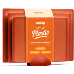 SMIRLY Plastic Cutting Board Set with Holder 3 Pieces, Non-Slip Dishwasher Safe Chopping Boards for Kitchen, Orange