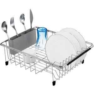 iPEGTOP Expandable Multifunctional Dish Drying Rack, Over The Sink, in Sink Or On Counter Dish Drainer Rack Organizer Shelf with White Utensil Silverware Holder, Rustproof Stainless Steel