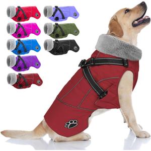 Doglay Dog Jacket Waterproof Dog Coat with Harness Built in, Christmas Puppy Winter Coat Reflective Turtleneck Puffer Snow Jackets for Small Medium Large Dogs (Wine Red)