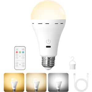 Wireless Rechargeable Light Bulbs with Remote, 1Pack LED Cordless Battery Operated Light Bulbs for Lamps, E26 Battery Powered Magic Light Bulb with 300LM, 3 Color, Dimmable for Non-Hardwired