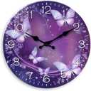 Purple Wall Clock for Girls Bedroom Analog Butterfly Wall Clocks Battery Operated 12 Inch Round Glass Wall Clock Silent