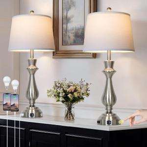Cinkeda Silver Touch Lamps for Night Stands Set of 2-29.5" Tall Bedside Lamp with USB C+A, 3 Way Dimmable Bedroom Lamps, Brushed Nickel Table Lamps for Living Room