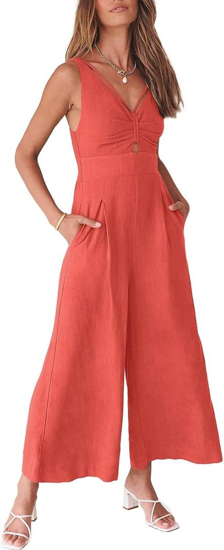 ANRABESS Women's Jumpsuits Summer Wide Leg Sleeveless V Neck Casual Dressy Linen Pants Rompers 2025 Vacation Beach Outfits (Large, Peach) ANRABESS Women's Jumpsuits Summer Wide Leg Sleeveless V Neck Casual Dressy Linen Pants Rompers 2025 Vacation Beach Outfits (Large, Peach)