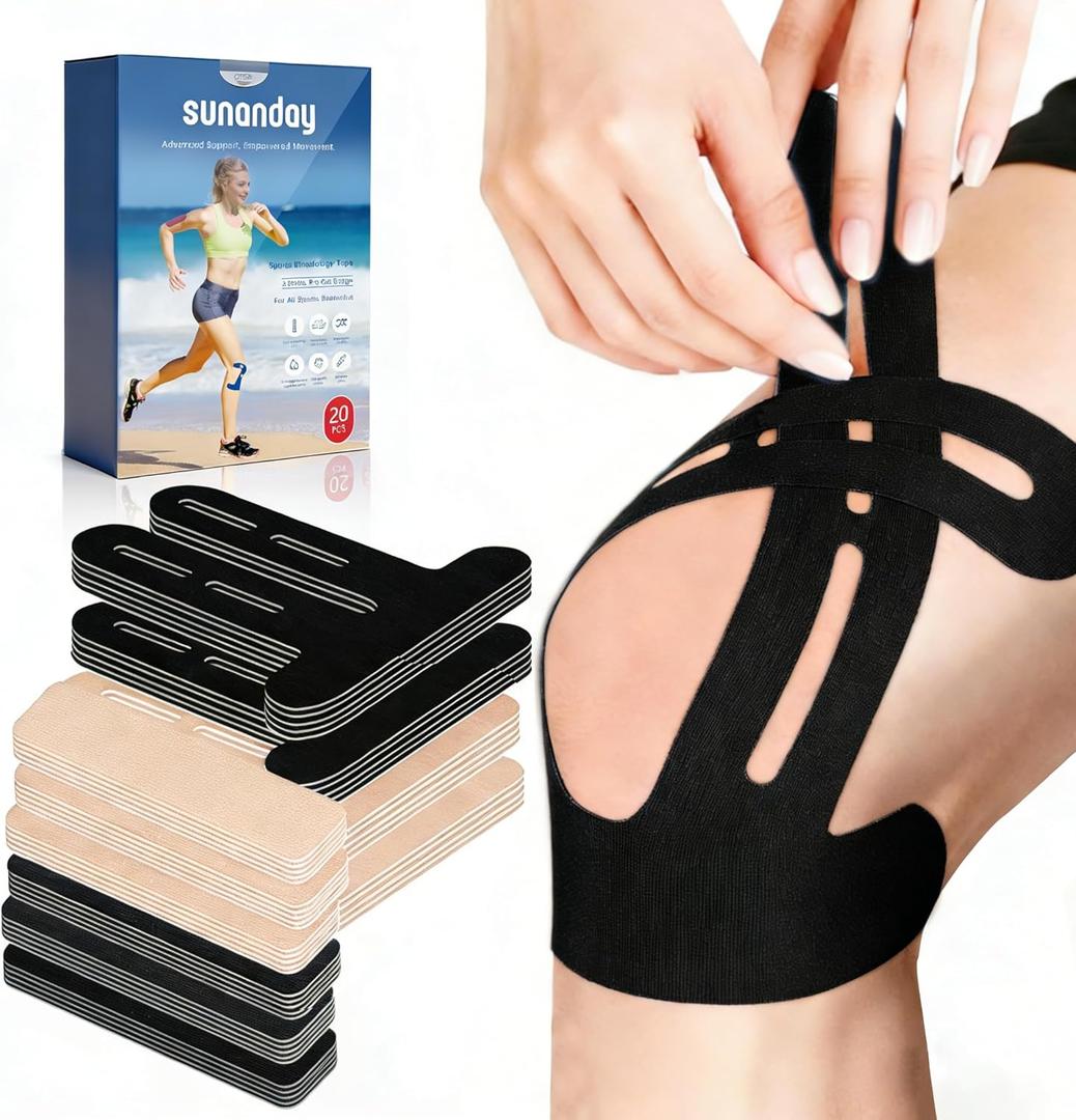 20 PCS Waterproof Kinesiology Tape for Shoulders/Knees,Precut Strips for Knee Pain Relief & Stability Support, Latex-Free Hypoallergenic Sports Athletic Tape Knee Brace (Black and Beige)