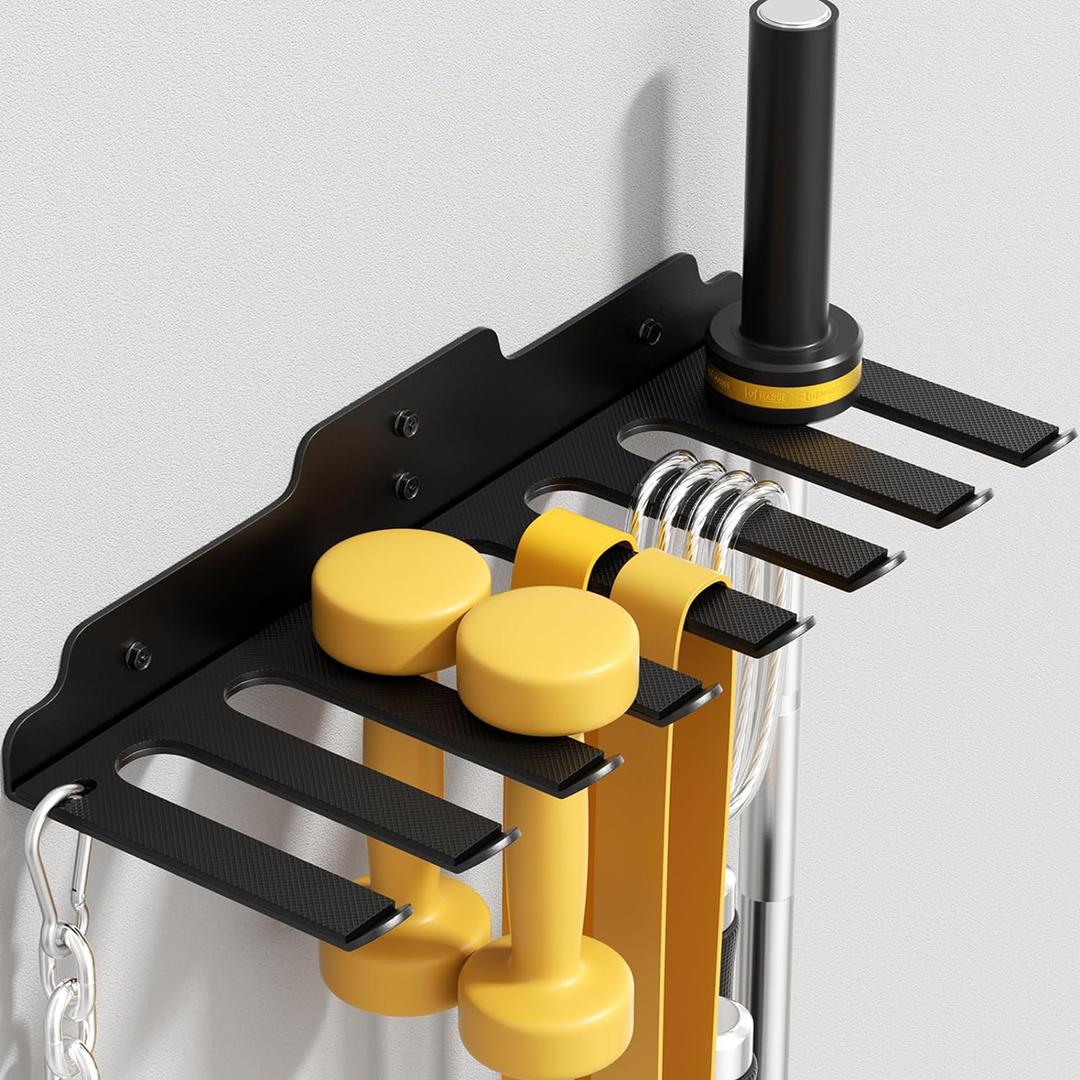 JNIHEEP Gym Home Storage Rack, Home Gym Accessories Hanger with 8 Hooks, Multi-Purpose Heavy Duty Rack for Resistance Bands Jump Ropes Lifting Belt Fitness Bands Barbells(Carabiners Included)