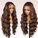Honey Brown Lace Front Synthetic Wig For women 30 Inch Body Wave 13x4 Lace Front Ombre Brown Highlight wig Heat Resistant Transparent Pre Plucked Hairline with baby hair wig (1B/27/613)