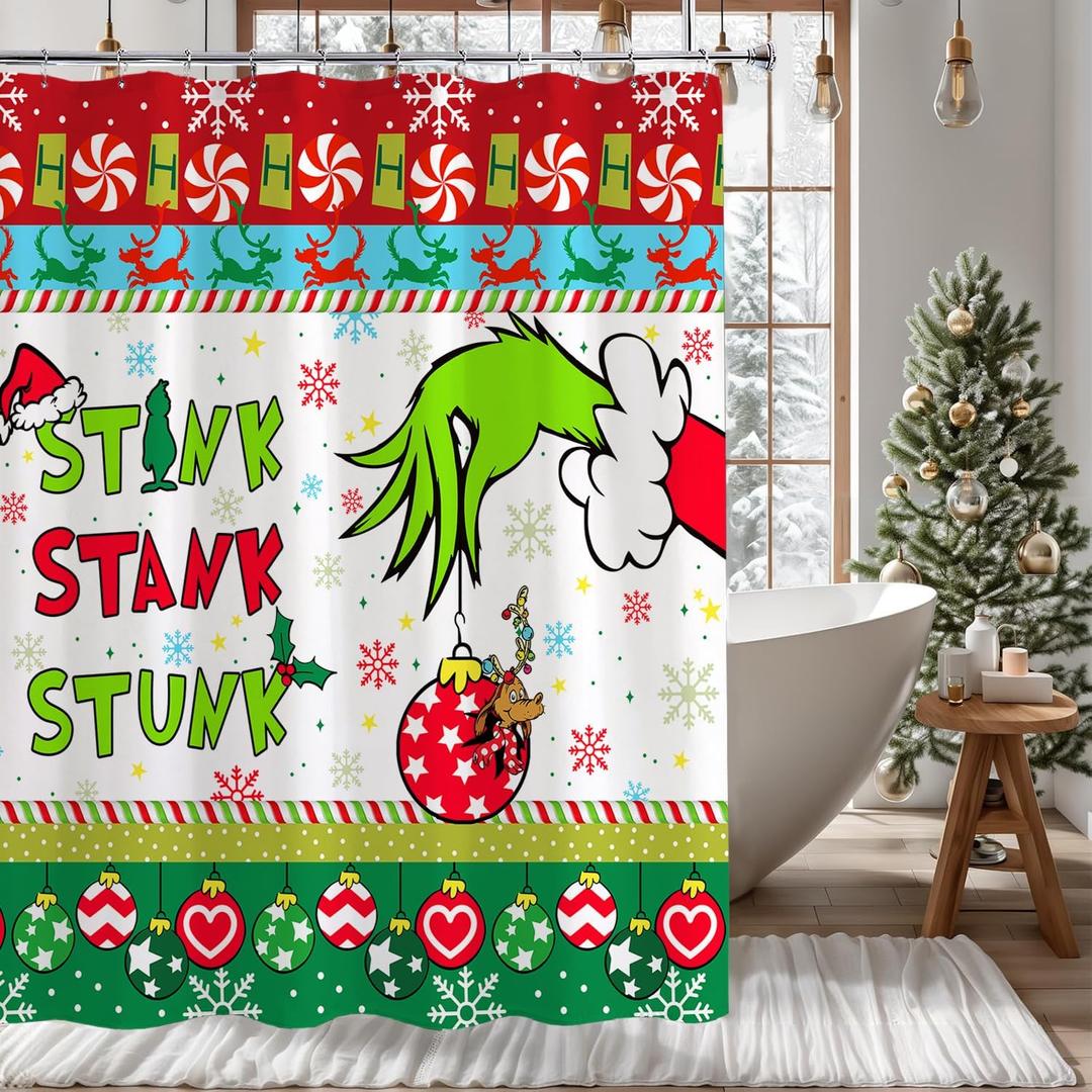 Funny Christmas Shower Curtain with 12 Hooks, Waterproof Christmas Bathroom Curtains Decor, Holiday Xmas Christmas Shower Curtains for Bathroom Decorations, 72x72 Inch