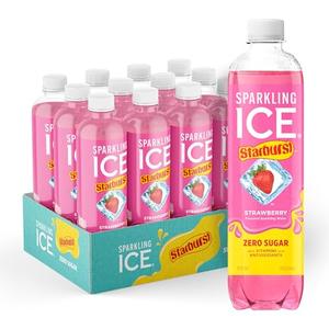 Sparkling Ice STARBURST Strawberry, Zero Sugar Flavored Sparkling Water, with Vitamins and Antioxidants, Low Calorie Beverage, 17 fl oz Bottles (Pack of 12), BBD 02/02/25