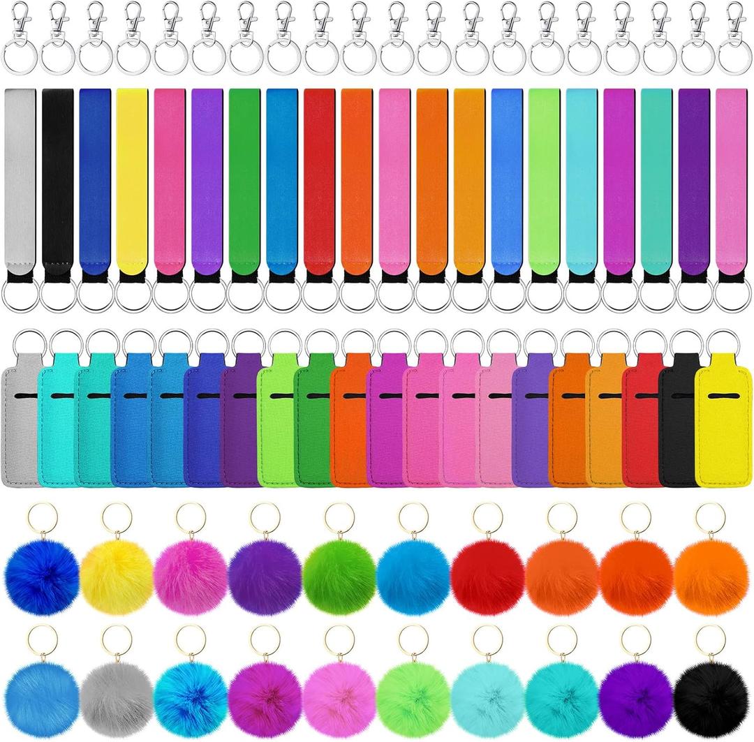 Tudomro 20 Sets Lipstick Holder Keychain Poms Keychains Bulk Lip Balm Holder Set Include Colorful Wristlet Key Rings Ball Metal Key Rings for Lipstick Lanyards Women