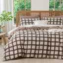 Queen Comforter Set Plaid 3 Pieces Soft Crinkle Gauze Fabric Plaid Bedding, Vintage Style Checkered Gingham Comforter Set for All Seasons Luxury Warmth Comfy Breathable with 2 Pillowcases