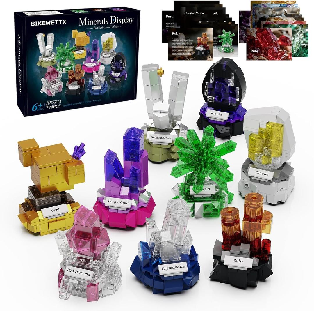Sikewettx Mineral Display Building Blocks Set 794pcs, 9 Pack Gemstone Models, Crystal Rock Collection STEM Geology Bonsai Gems Home Office Decor, Compatible with Lego for Kids Adults Boys Girls 6+