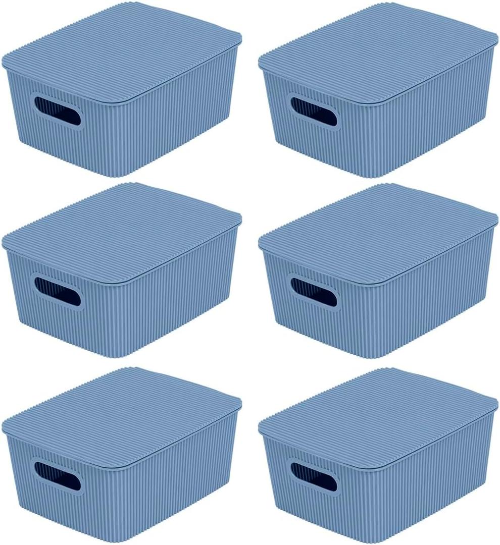 Glad Storage Baskets with Lids - Set of 6 Stackable Plastic Boxes with Handles - Decorative Shelf Organizer Bins for Bathroom and Closet, Blue, 1 Gallon