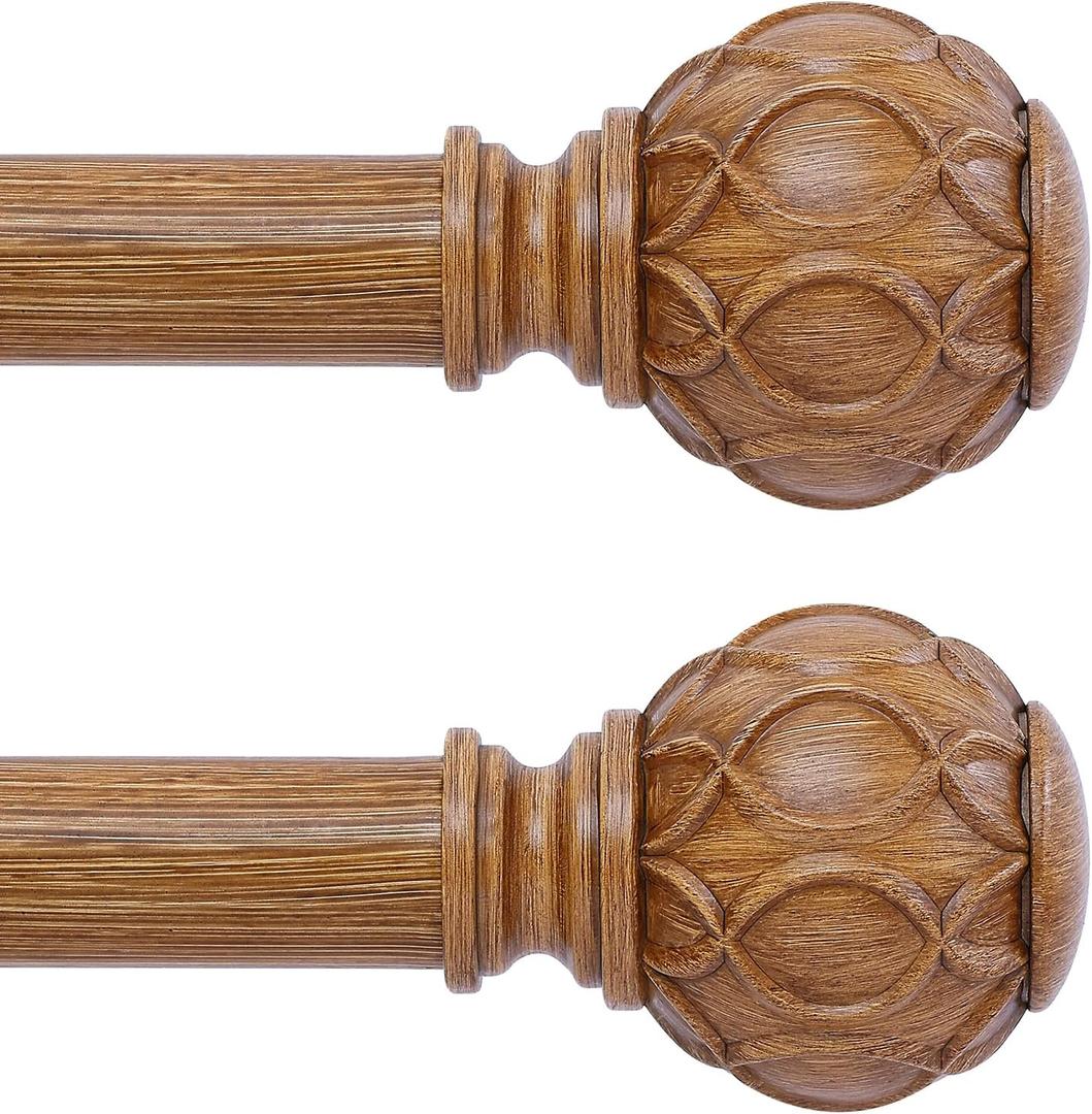 2 Pack Wood Curtain Rods for Windows 48 to 84 Inch(4-7ft),1 Inch Adjustable Curtain Rod,Heavy Duty Curtain Rods,Wooden Netted Texture Drapery Rods,Single Window Curtain Rod 36-88",Brown Wood