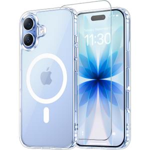 Temdan for iPhone 17 Case Clear with Screen Protector, [Compatible with Magsafe][Anti-Yellowing][Military-Grade Protection] Shockproof Slim Magnetic Phone Case 6.3 inch, Transparent