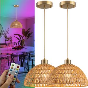 Battery Operated Pendant Light with Remote-Battery Chandelier Handwoven Rattan, Battery Hanging Light 50+Hours Long Life USB Rechargeable Light Bulb,Perfect for Kitchen Island Light