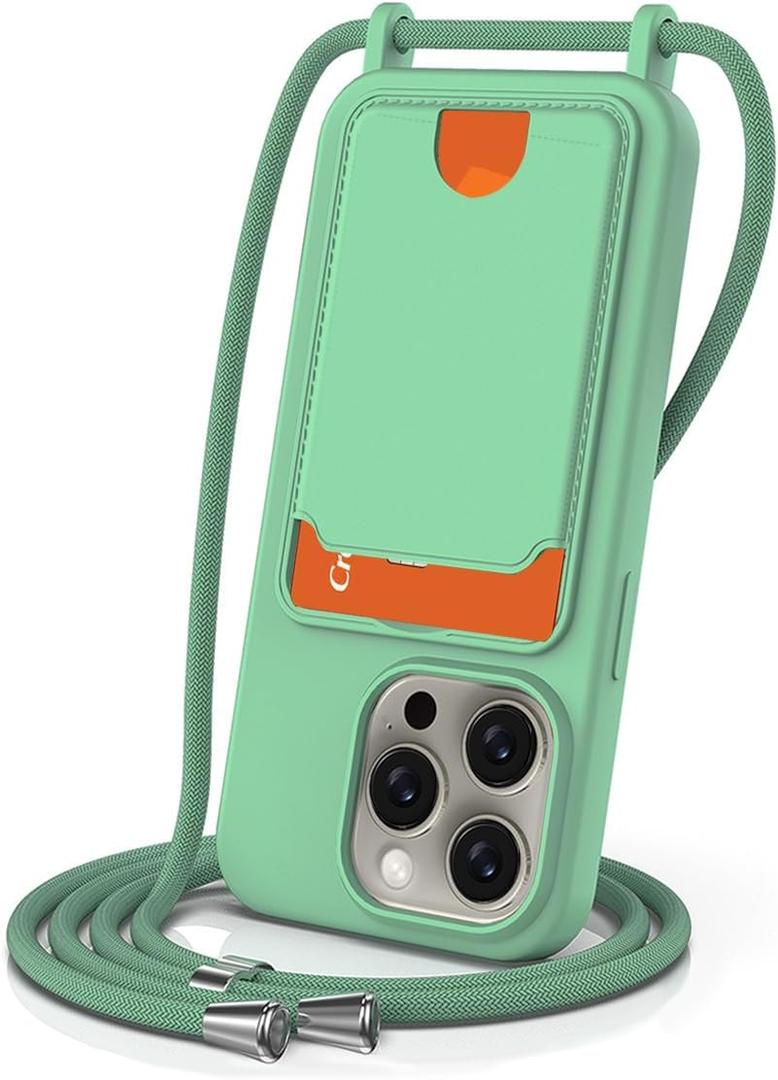 Designed for iPhone 15 Pro Max Case, Liquid Silicone, Multi-Functional Card Pocket with Lanyard Strap, Adjustable Rope, Shockproof All-Round Protection, TPU Phone Case for iPhone 15 Pro Max, Mint