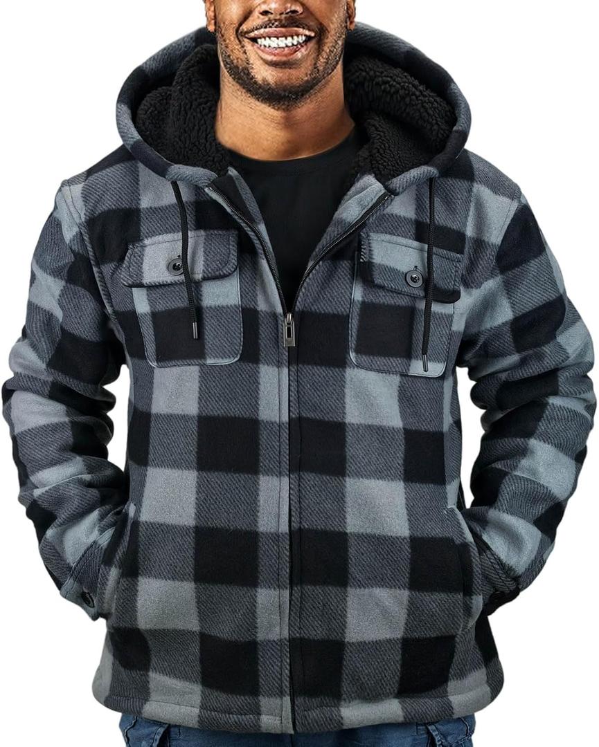 Thick Winter Jackets for Men Plaid Flannel Hoodie Sherpa Fleece Lined Hooded Coat Heavy Warm Full Zip Up Sweatshirt (4X-Large, Grey)