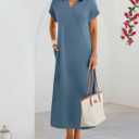 MEROKEETY Women's Summer Casual Maxi Dress 2026 Cap Sleeve V Neck Collared Beach Vacation T Shirt Long Dresses (Blue, L)