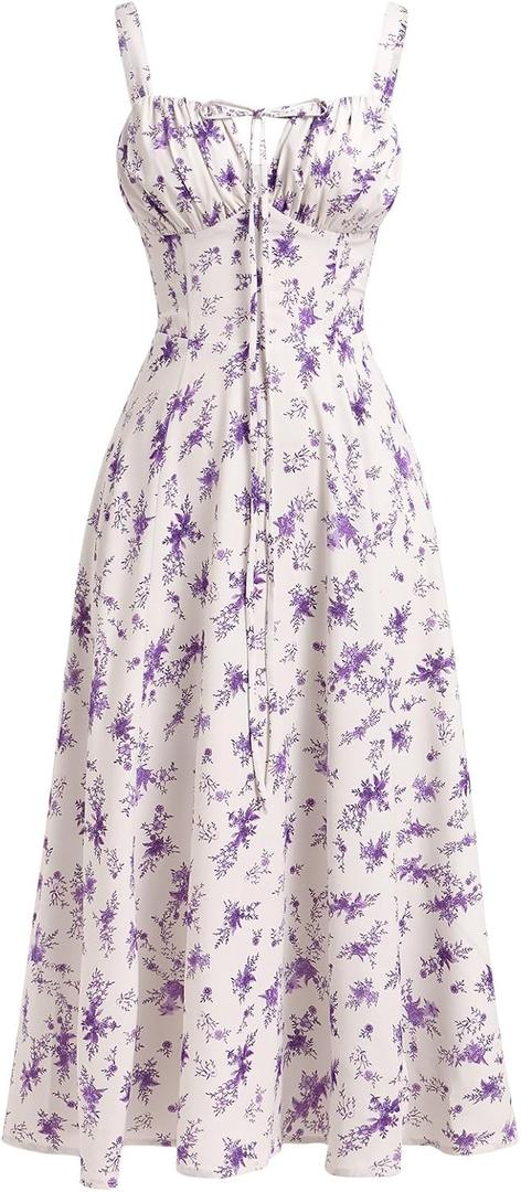 Women Floral Corset Dress Sleeveless Square Neck Spaghetti Straps Dress Boho Holiday Flowy Midi Bustier Sundress (X-Large, Apricot & Purple Floral)