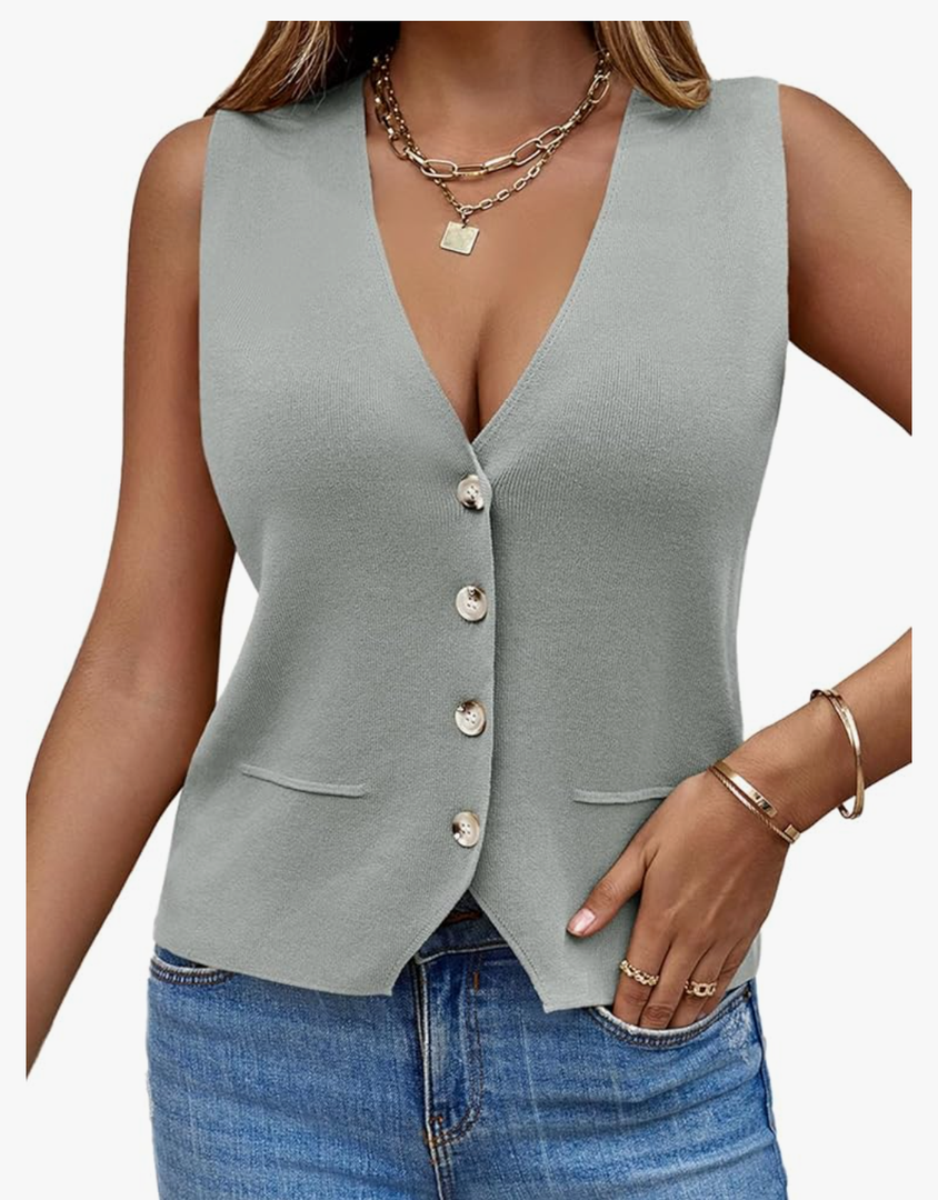 Saodimallsu Womens Sleeveless Sweater Vest Knit V Neck Button Fashion Casual Loose Spring Summer Waistcoat Cardigan, M