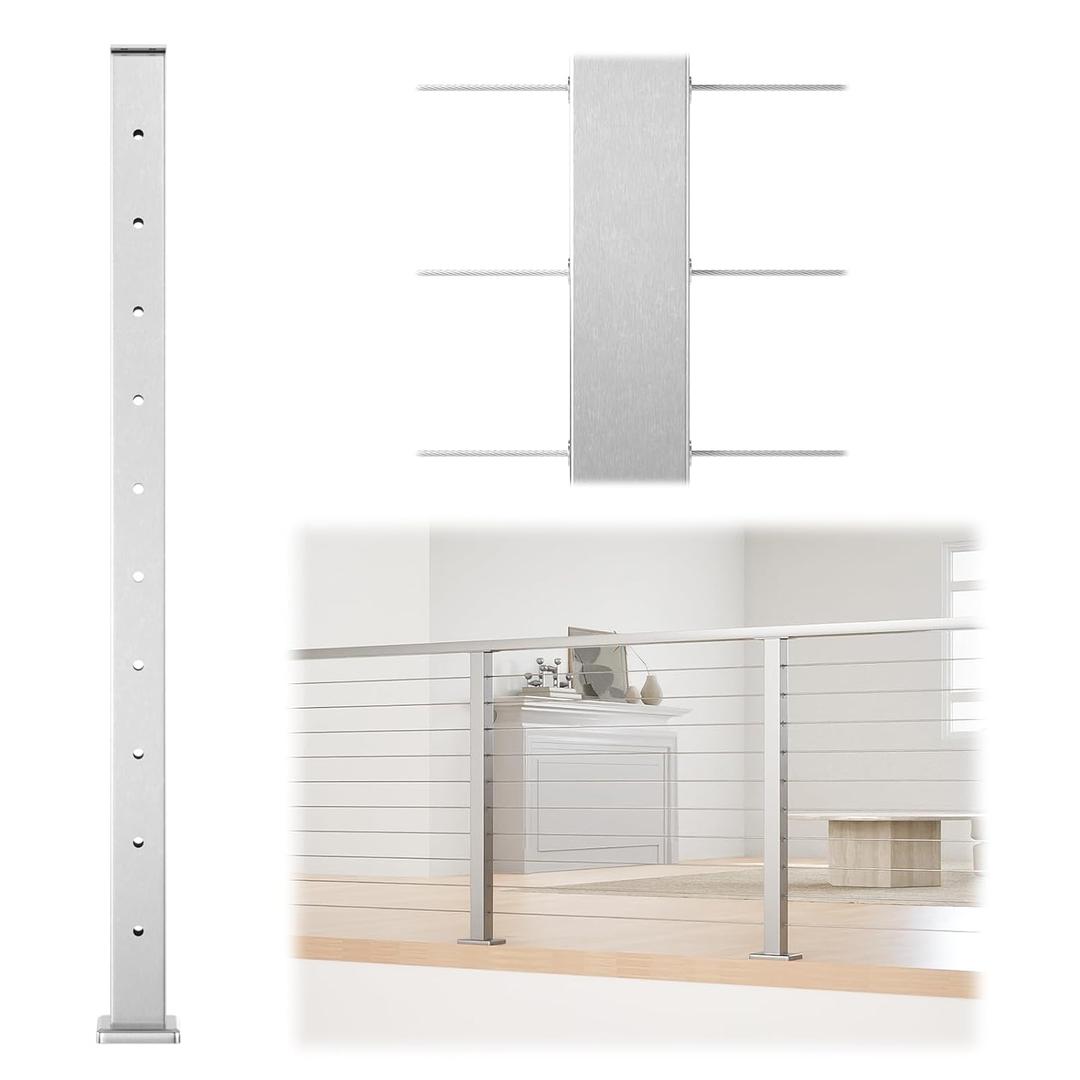 Muzata Cable Railing Post 36 Inch 36"x2"x2" Level Drilled Surface Mount Brushed T304 Stainless Steel Cable Railing System Kit Indoor Outdoor with Paper User Guide PS02 LH4S