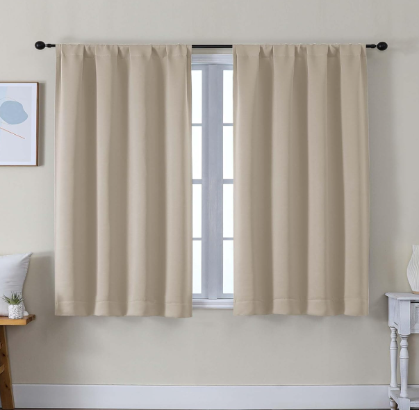 Simplebrand Ava Grey Short Blackout Curtains for Bedroom 45 Inches Long 2 Panels Set, Solid Thermal Insulated, Energy Saving Window Treatment Curtains Blackout Drapes, W40 x L45 Inch, Beige