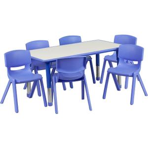 Flash Furniture Emmy Adjustable Classroom Activity Table with 6 Stackable Chairs, Plastic Activity Table for Kids, 23.625" W x 47.25" L, Blue/Gray
