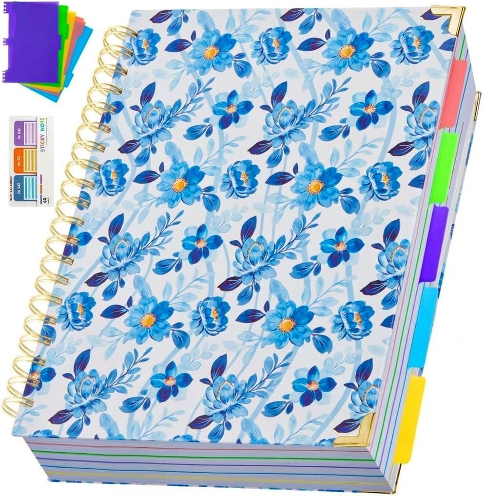 Hardcover Spiral Notebook 8.5" x 11" with Removable Dividers, 300 Pages 5 Subject College Ruled Notebook for Work with Tabs, A4 Spiral Journal for Women Men, School Students Note Taking, Blue Floral