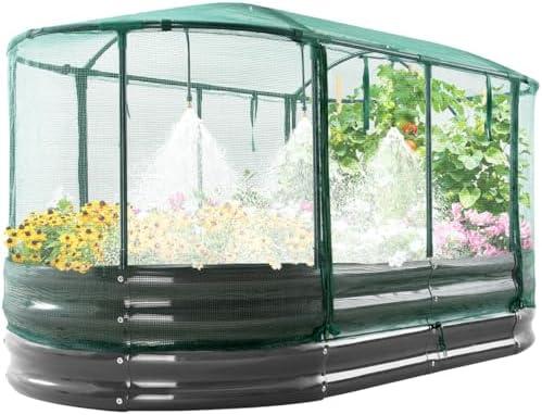 Quictent Galvanized Raised Garden Bed Kit with Self Watering System and Mesh Cover, Large Oval Metal Outdoor Planter Garden Boxes for Vegetables Herbs Flowers, 6x3x1Ft
