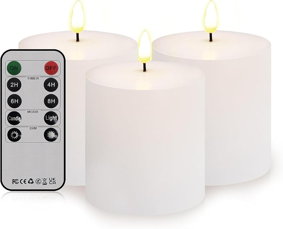 Bilymate White Wax Flameless Candles,Battery Operated LED Pillar Candles with Remote and Timer for Valentines Home Wedding Birthday Decoration,Set of 3
