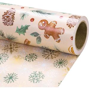 RUSPEPA Reversible Wrapping Paper Roll - Mini Roll - Christmas Gingerbread and Snowflake Pattern Great for Christmas, Party, Holiday - 17.5 Inches X 32.8 Feet