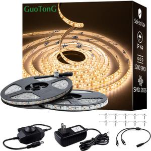 White LED Strip Lights, Waterproof cuttable 1200 SMD 2835 LED Tape, 12V 65.6ft/20m Flexible Ribbon, Kitchen Cabinet Lighting (Warm White) (Yellow)