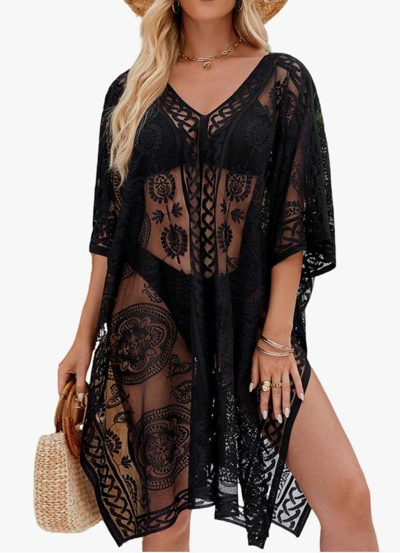 Colornival Sexy Elegant Lace Beach Cover Up for Women, Bathing Suit Cover Up, V-Neck Swimsuit Coverup for Poolside, Seaside and Party, Black, One Size 