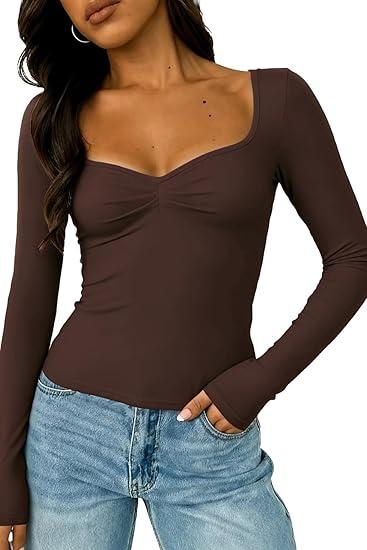 Women's Sexy Long Sleeve Going Out Tops Pleated Bustier Shirt Cute (Large, Dark Brown)