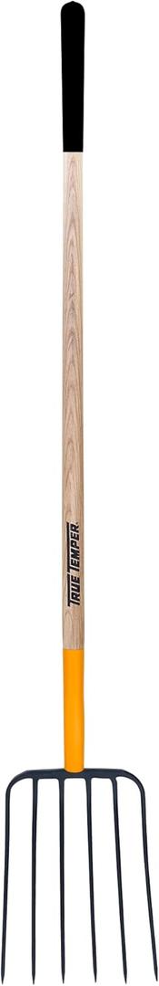 True Temper 6-Tine Steel Manure Fork Pitchfork with Hardwood Handle, 48 in., for Transferring Manure, Mulch with Cushion Grip