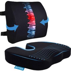 Seat Cushion & Lumbar Support Pillow for Office Chair, Car, Wheelchair Memory Foam Desk Chair Cushion for Sciatica, Lower Back & Tailbone Pain Relief Desk Pad with Adjustable Strap 3D Washable Cover