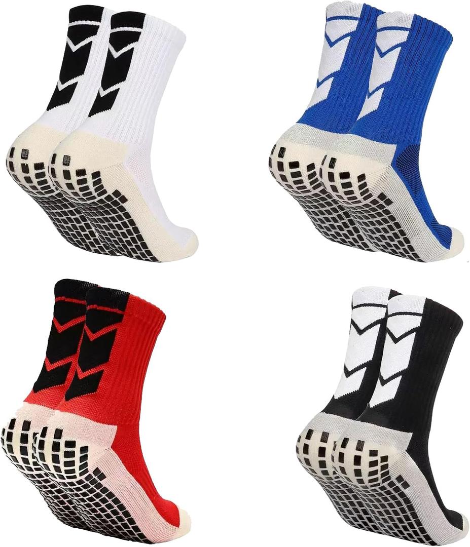 4 pairs of men's sports socks non-slip shock-absorbing (One Size, White + Black + Red + Blue)