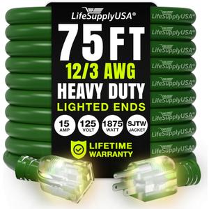 75ft Outdoor/Indoor Extension Cord 10/3 Gauge Ultra Heavy Duty 3 Prong SJTW, Waterproof, Flexible Cold-Resistant Long Power Cord,125 Amp 1875W, Black by LifeSupplyUSA (75 FT, Green),  10 Gauge (ULTRA HEAVY DUTY)