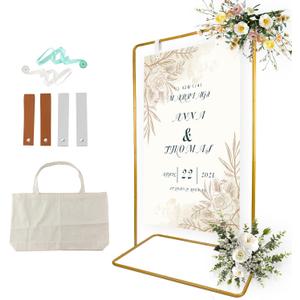 Wedding Sign Holder, Adjustable Welcome Sign Stand w/ Leather Hanging Strap, Satin Ribbon & Carry-on Bag, Heavy Duty Easel Stand for Wedding Seating Chart, Display & Poster (Gold)