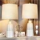 24.5" Ceramic Table Lamps Set of 2 for NightStand,Lamps for Living Room with 3-Way Dimmable Bulb,Rotary Switch,Modern Table Lamp with Linen Shade,Bedside Lamps of Set 2 for Bedrooms(Bulb Included)