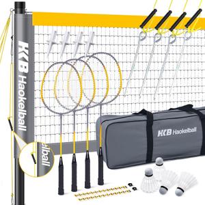 Haokelball Professional Badminton Set Badminton Sets for Backyards with Net Tension Adjuster, Badminton Rackets Set of 4, 4 Nylon Badminton Shuttlecocks and Carry Bag, Gray