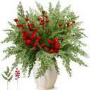 40 Pcs 12" Christmas Artificial Pine Branches, Faux Evergreen Cypress with Red Berry Stems, Greenery Fake Pine Needle Picks Flowers for Xmas Decor Vase Table DIY Craft Home Holiday Decorations