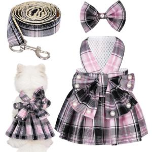 Dog Plaid Dress Harness and Leash Set with Pearls Bow Adjustable Puppy Dress Mesh Vest Bow Knot Pet Clothes for Cute Girl Dog Cat (Medium, Pink&Black)