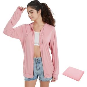 QBK Light Weight Zip Up Hoodie Thin Summer Jacket For Women(Pink XXL)