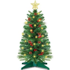 3 Ft Green Christmas Tree with Lights, Timer 8 Modes DIY 50 Warm White Lights Battery Operated Small Artificial Full Xmas Tree Pine Needles Cones Red Berry for Tabletop Home Indoor Holiday Party Decor