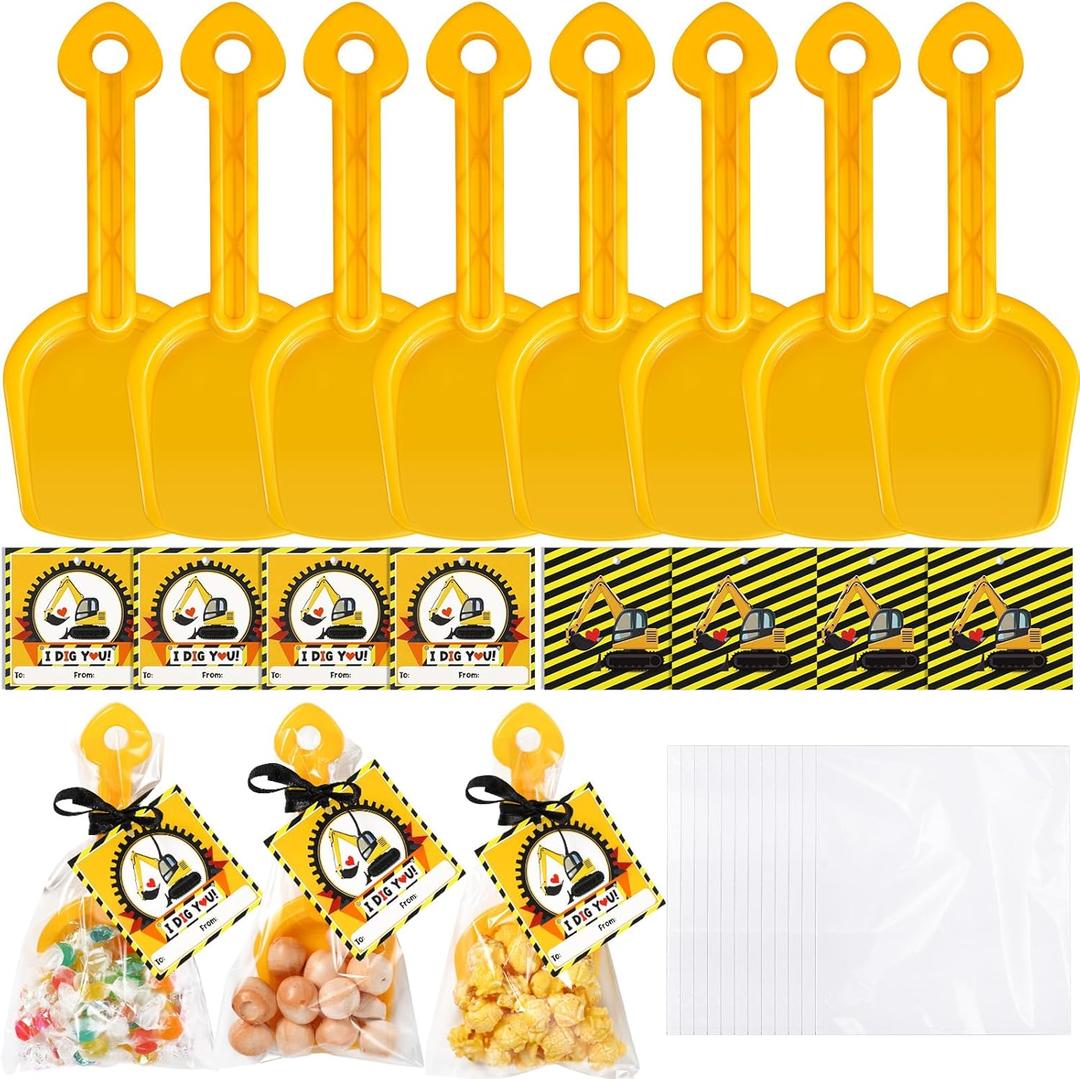 Capoda 30 Sets Valentine's Day Gifts Construction Theme Plastic Shovel with Clear Cellophane Bag I Dig You Cards and Ropes for Boys Girls Classroom Exchange Prizes Vehicle Theme Party Favor Supplies
