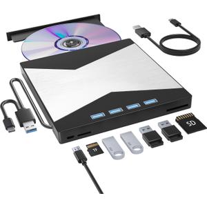 Wbacon External CD/DVD Drive for Laptop, DVD Player for Laptop, 8 in 1 Ultra-Slim CD Burner with 4 USB Ports and 2 TF/SD Card Slots, External Disk Drive Optical Compatible with Desktop Mac Windows